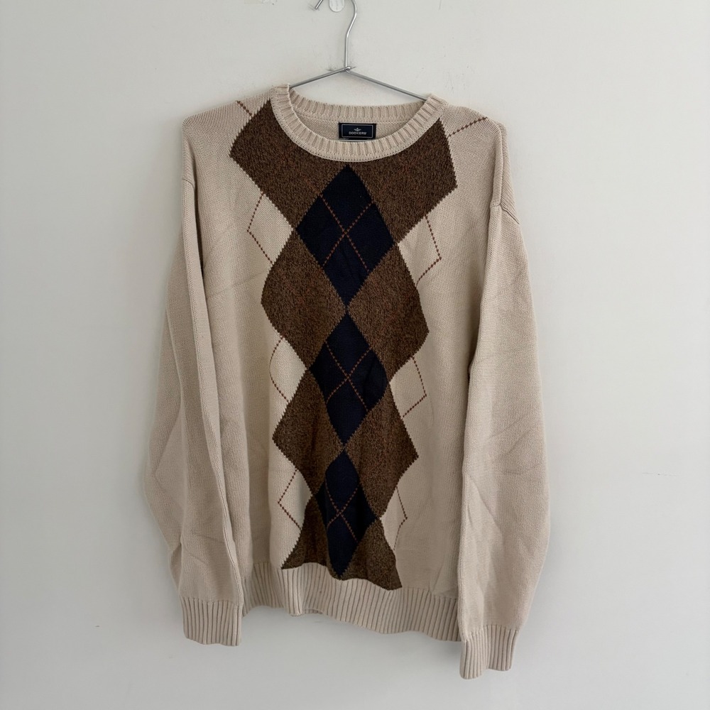 Dockers Mens XL Tan Brown Argyle Crewneck Cotton Knit Sweater